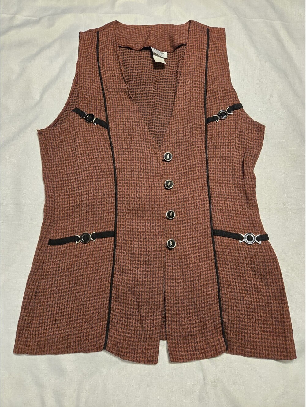 Vintage Gina K USA Brown Patterned Tailored Vest Waistcoat Hardware Details Sz L